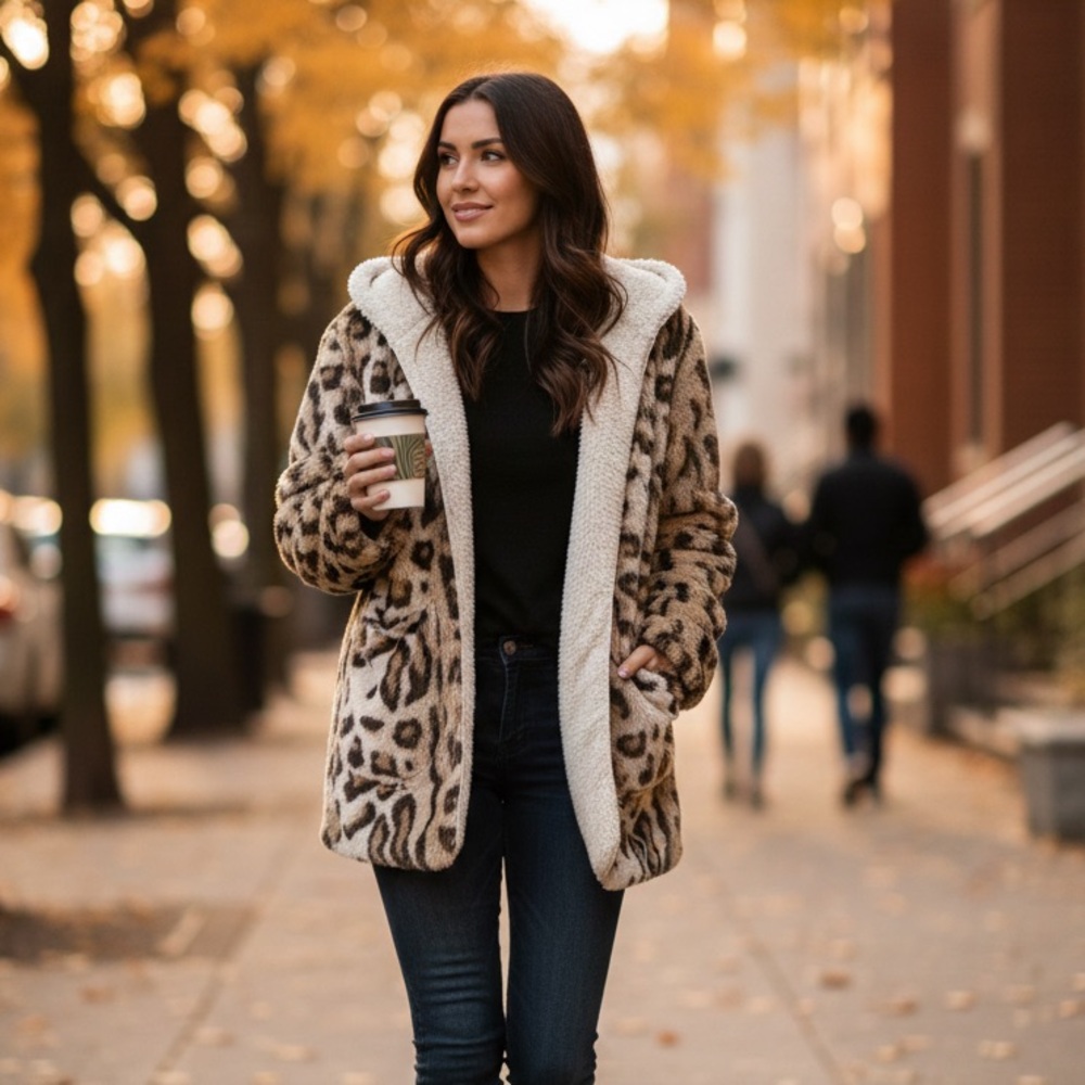 Altar’d State Reversible Faux Fur Hooded Jacket Small Leopard Print Cream Cozy - Picture 1 of 15
